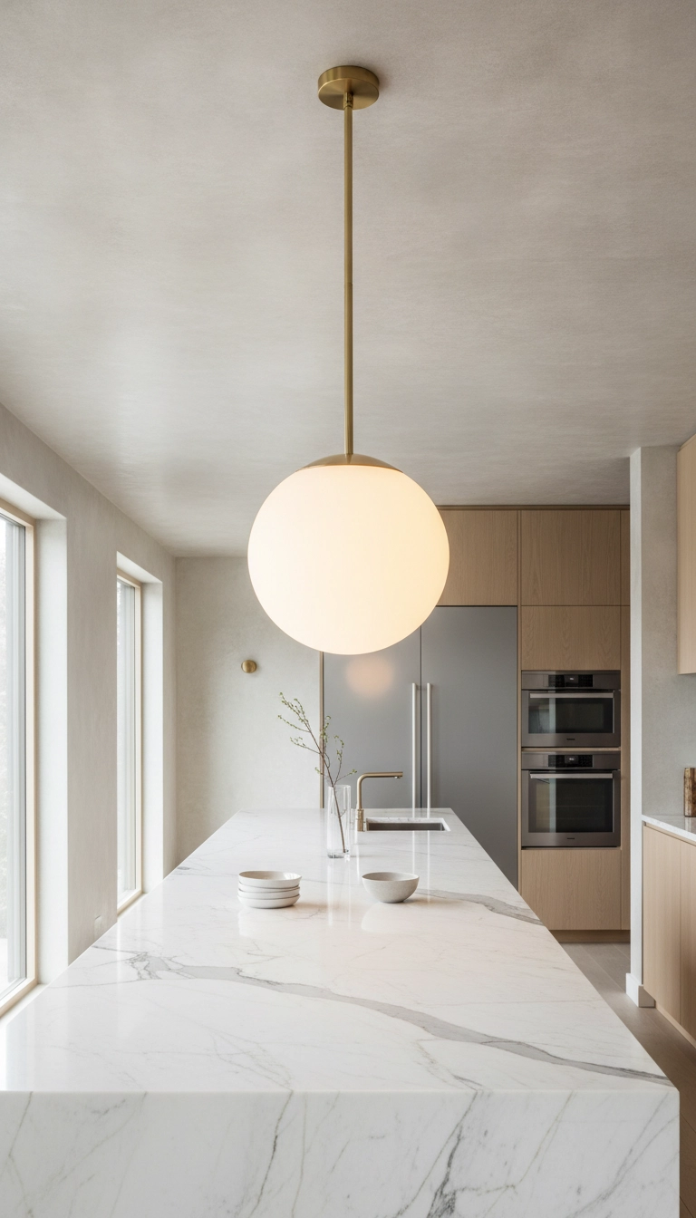 High-end scandinavian pendant lights kitchen fixture made of blown frosted opal glass and brushed brass.