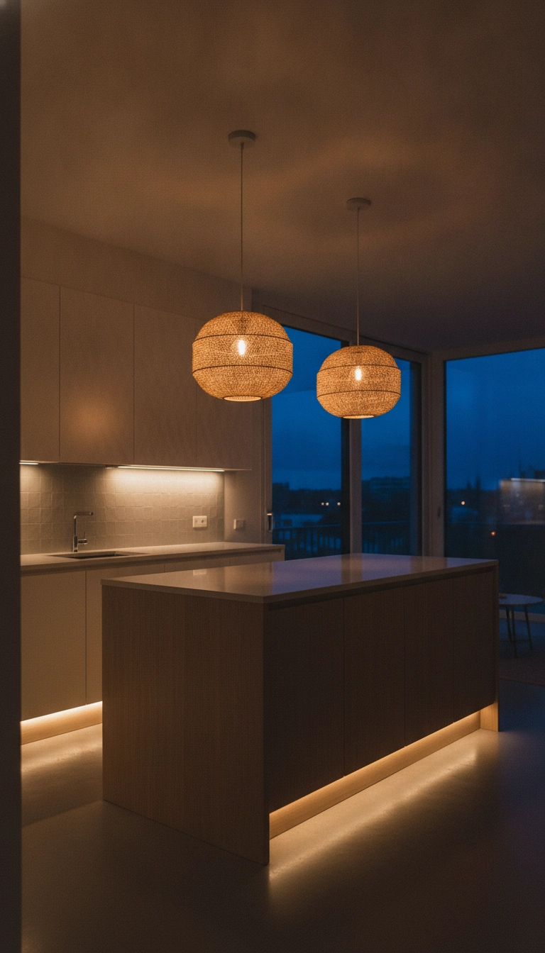 A modern kitchen featuring a layered lighting scheme with scandinavian pendant lights kitchen units and LED cabinet lights.