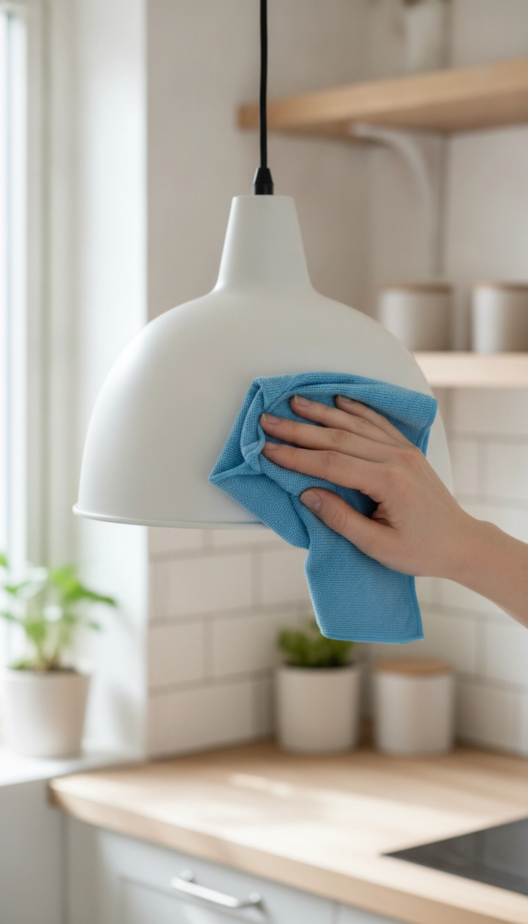 Person wiping a matte white scandinavian pendant lights kitchen shade using a dry microfiber cloth.