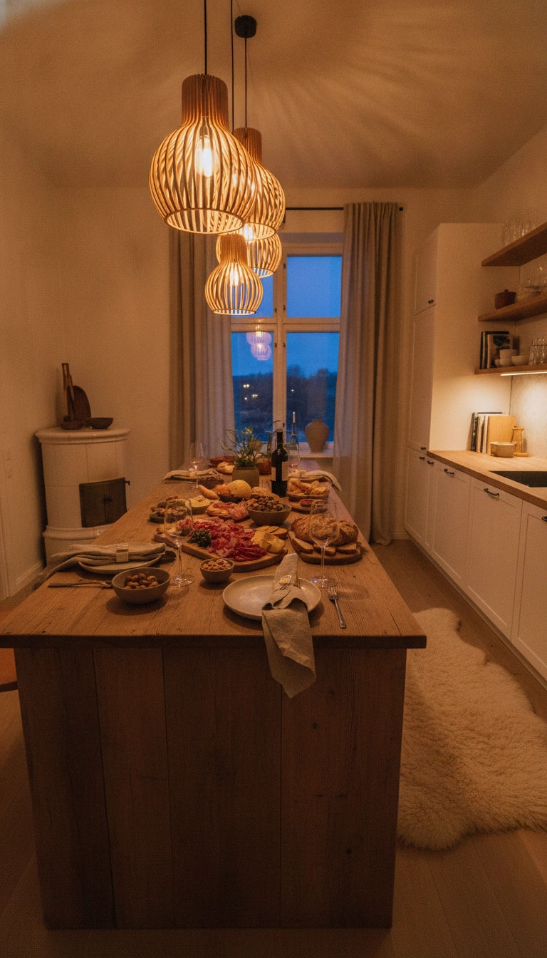 A warm modern kitchen illuminated by scandinavian pendant lights kitchen fixtures during a cozy evening gathering.