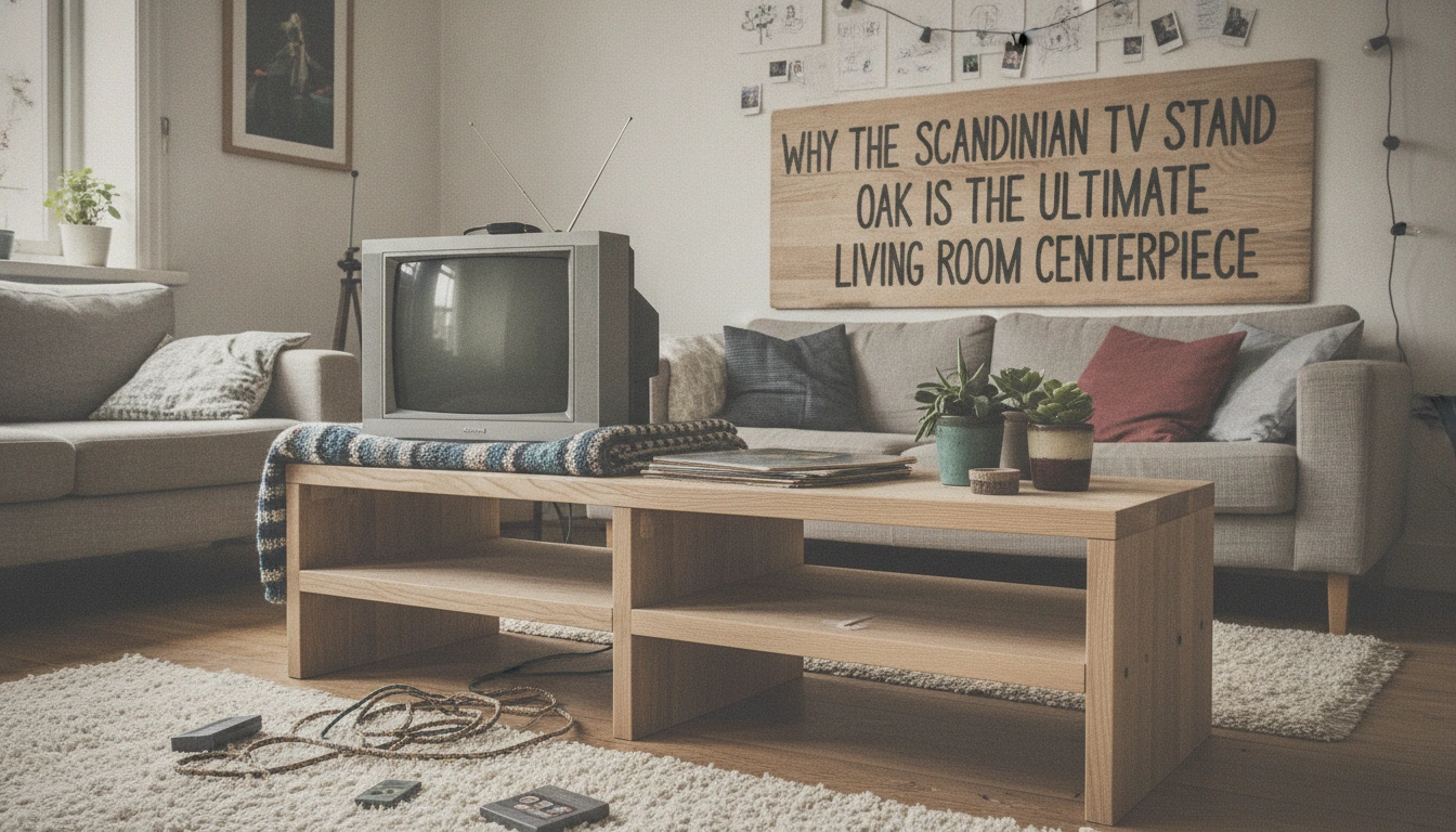 A real-life home living room featuring a scandinavian tv stand oak with a TV on top, taken with a smartphone.