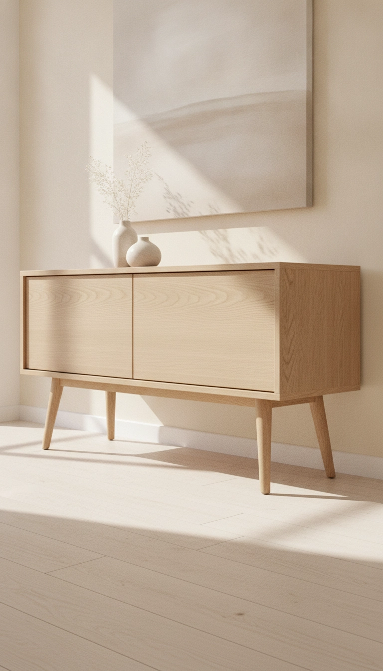 A minimalist light oak TV stand with sleek tapered legs in a bright room.