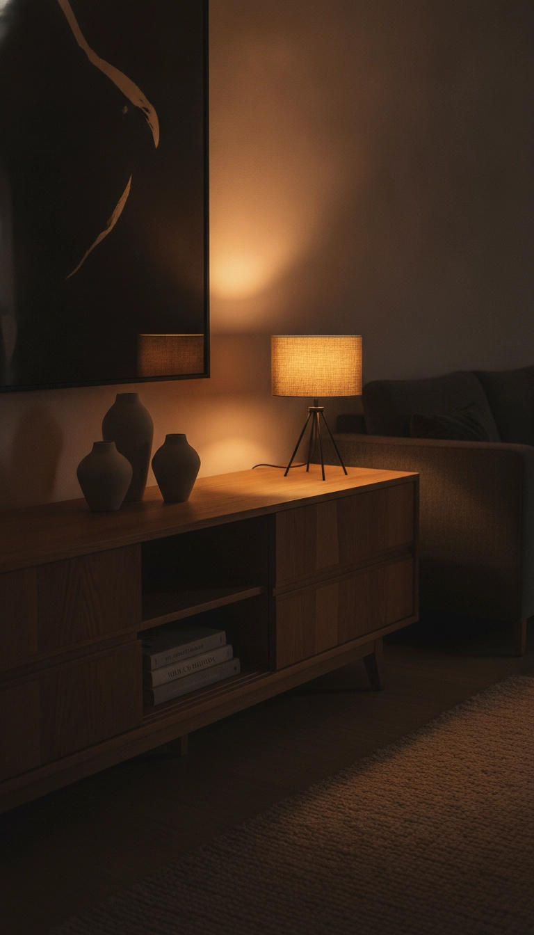 Evening sunlight casting a warm, cozy glow on a Scandinavian oak TV stand.
