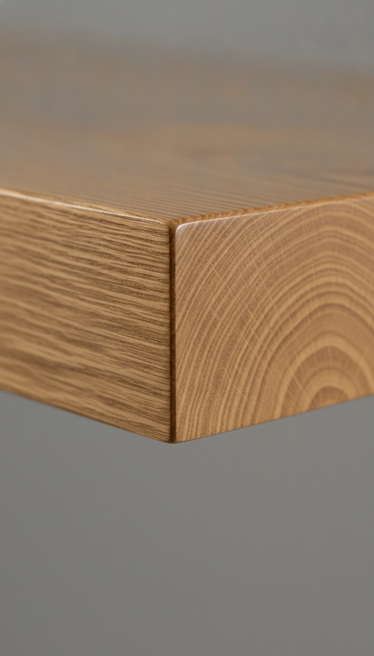 A close-up of the thick edge of a solid oak plank showing continuous wood grain.