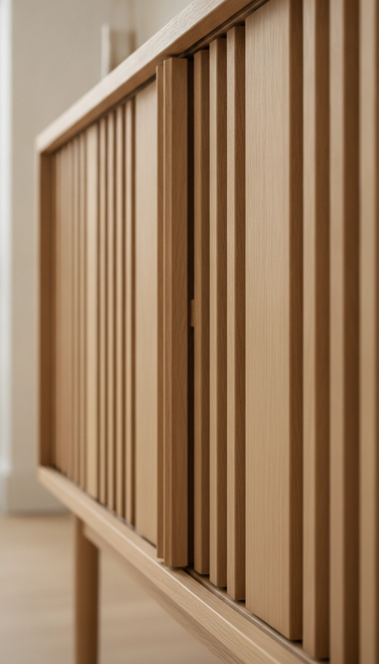 Front view of a Scandinavian oak TV stand featuring sliding slatted wooden doors.