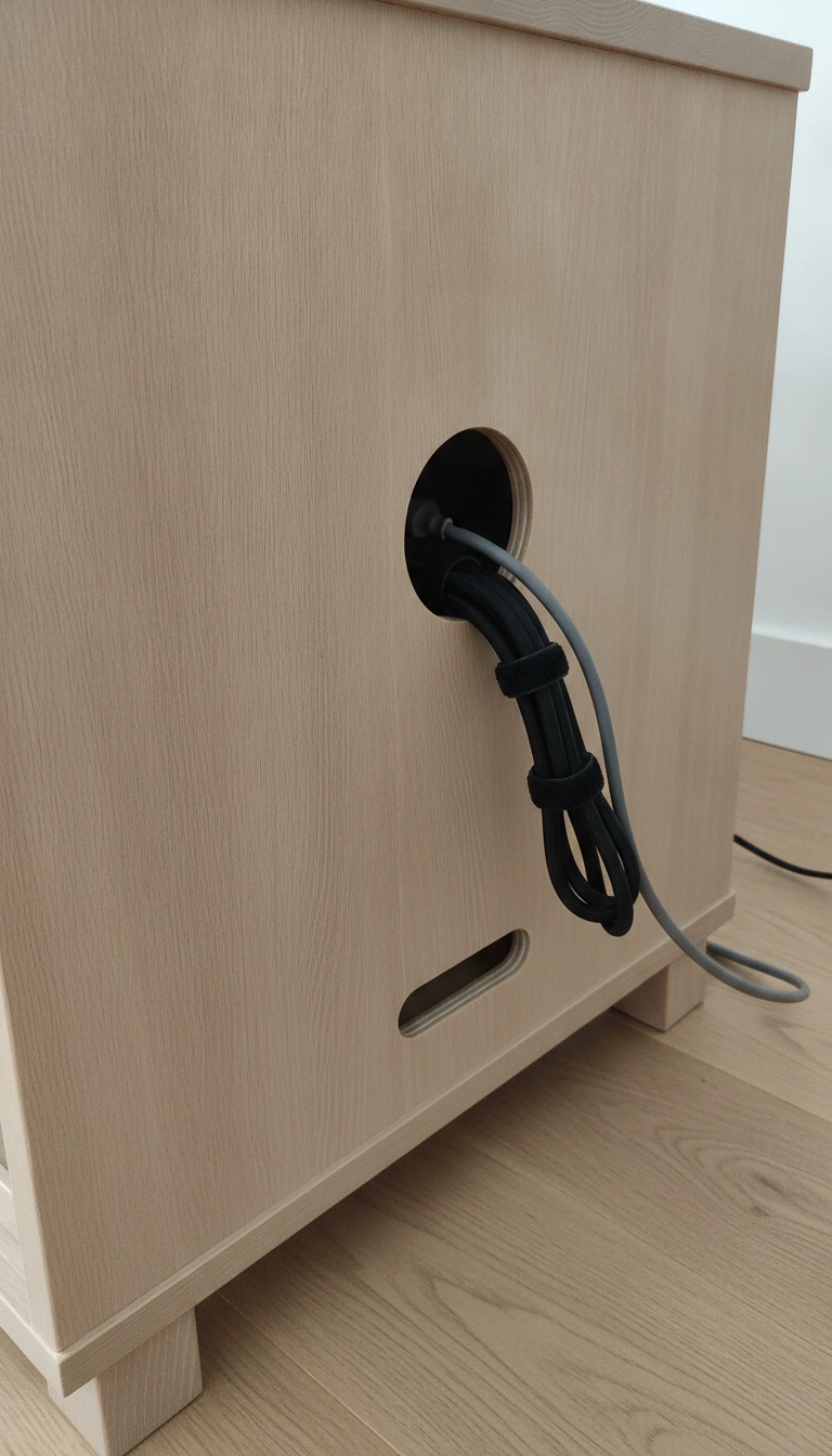 The back of a wooden TV stand showing clean cable routing holes and organized wires.