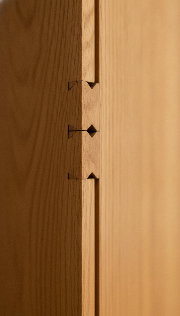 Close-up of high-end dovetail joinery on a premium solid oak TV stand.