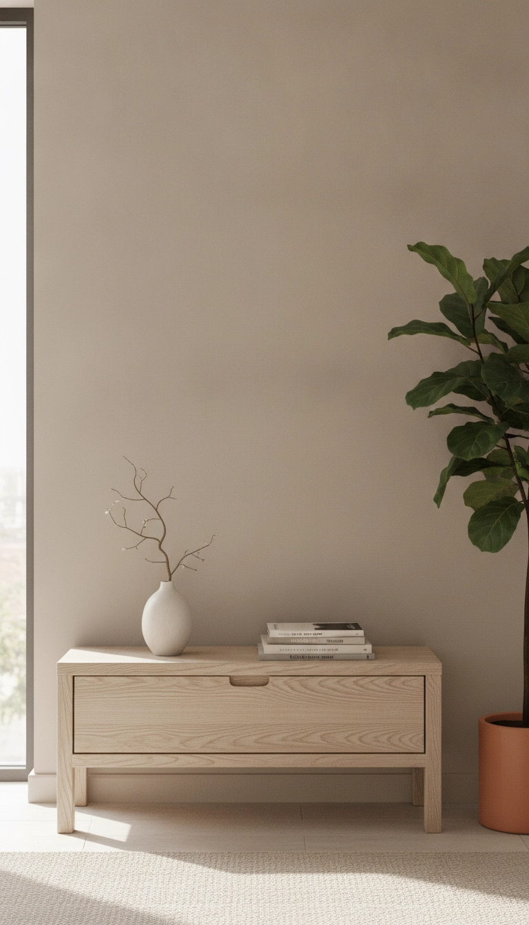 A styled oak TV stand decorated with a ceramic vase, books, and a green plant.