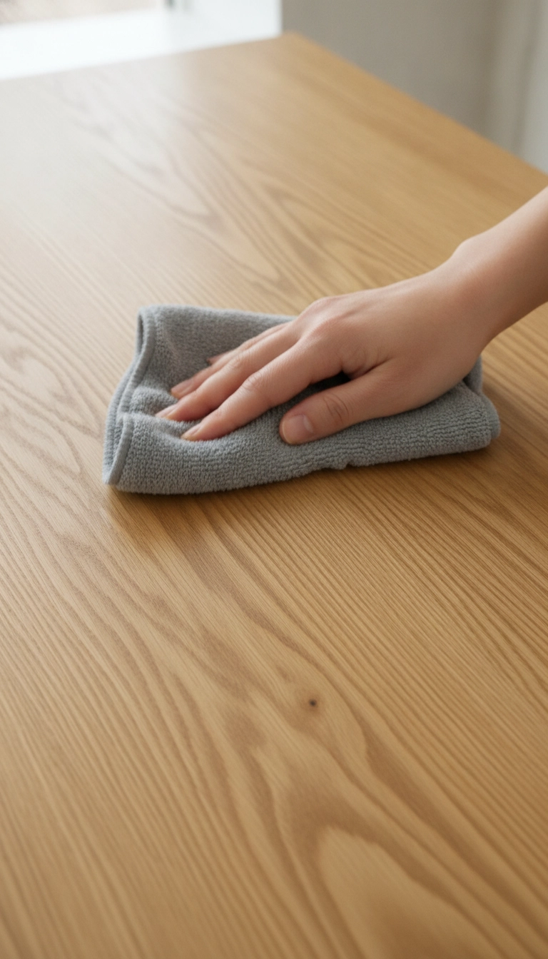 A hand using a dry microfiber cloth to dust a light oak wood surface.