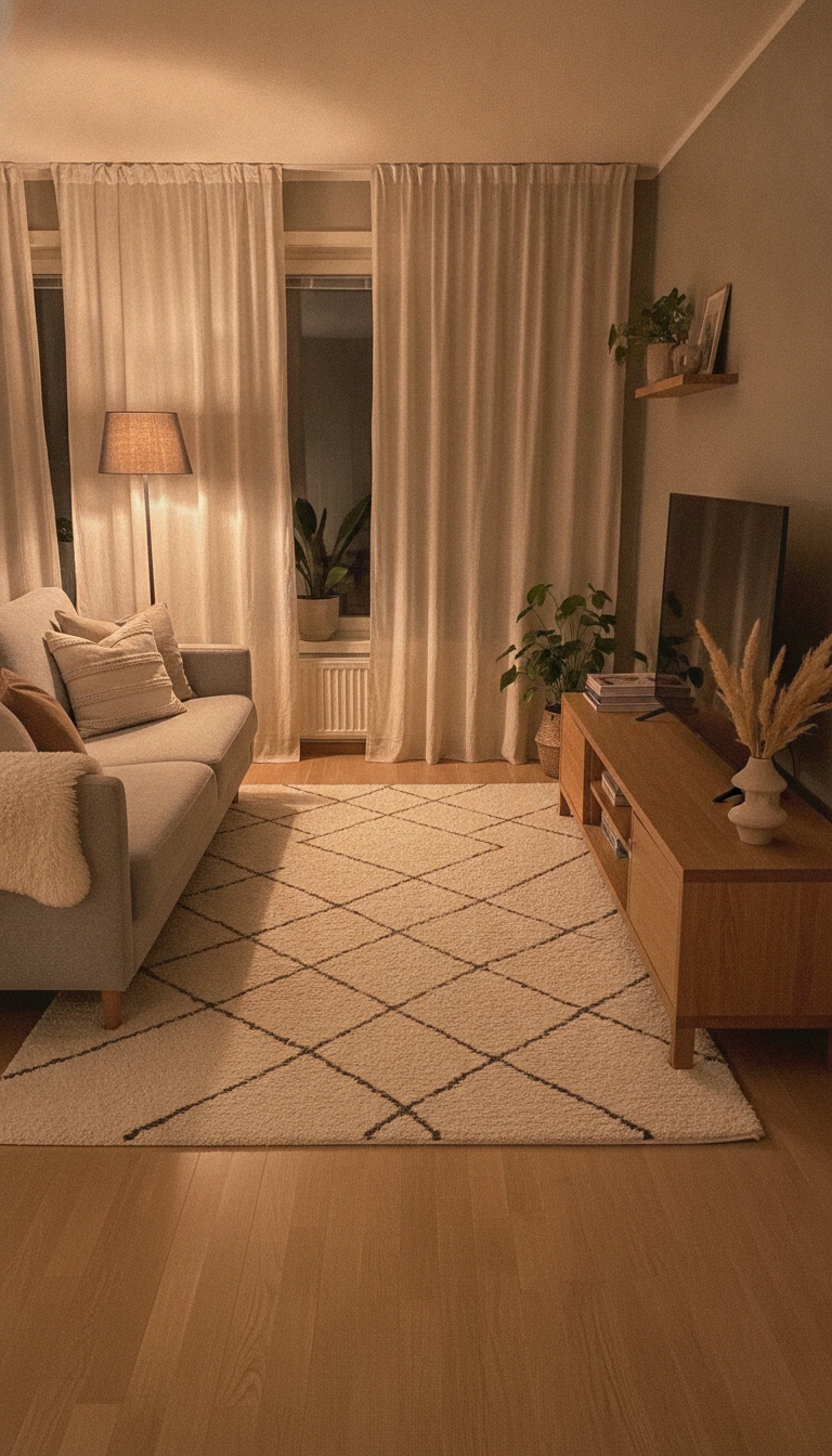 A warm, neutral living room with a timeless Scandinavian oak TV console.