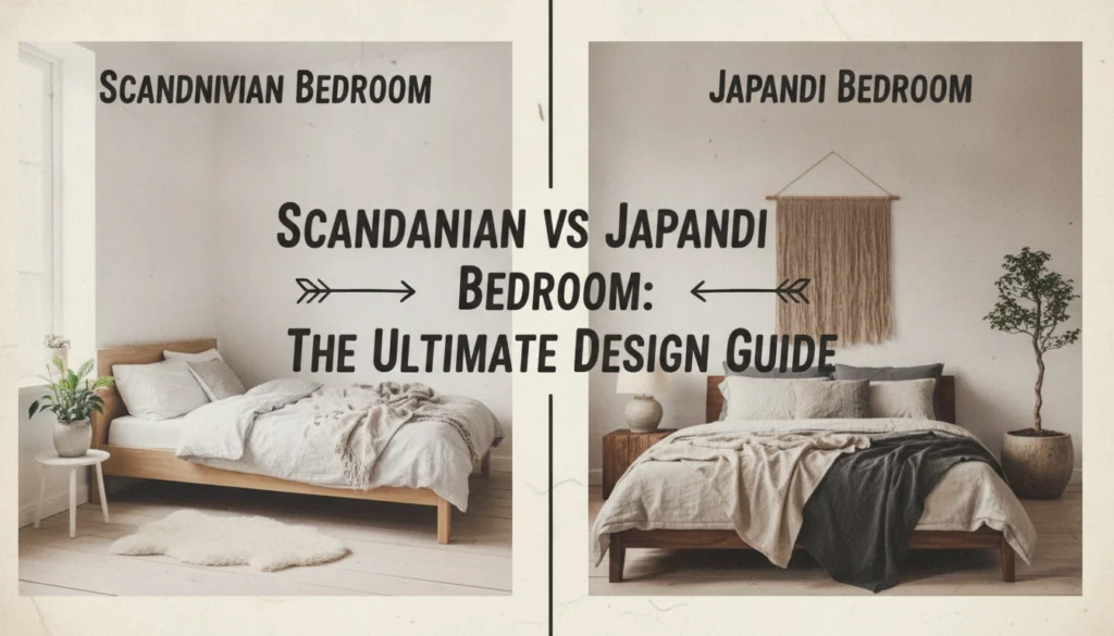 A side-by-side look at a scandinavian vs japandi bedroom showing the contrast between light and dark wood styles.