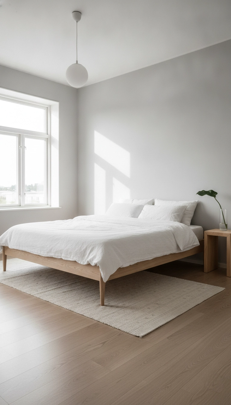 A bright Scandinavian bedroom featuring a light birch bed frame with tall tapered legs.