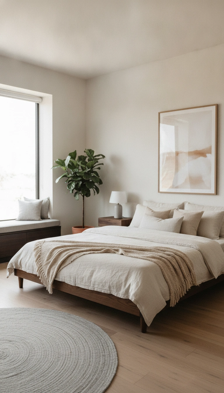 A bedroom blending a low dark oak bed with bright, warm off-white walls.