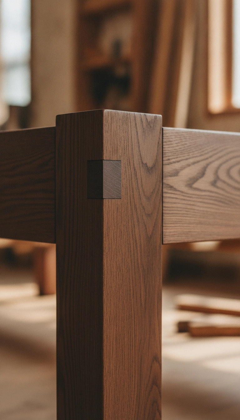 Close-up of high-quality wood joinery on a handcrafted bed frame.