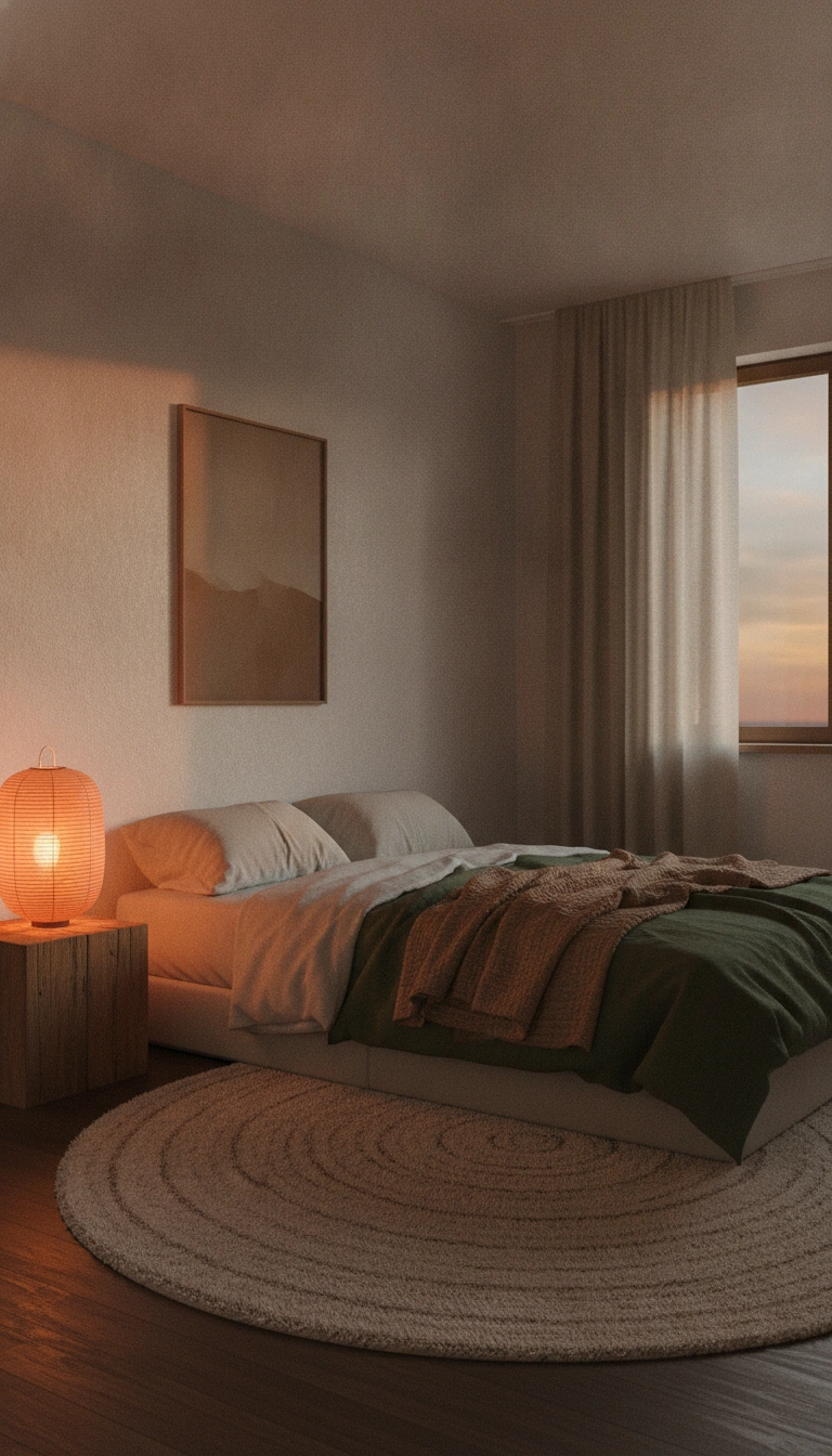 A peaceful bedroom with soft lighting, natural textures, and a calming atmosphere.