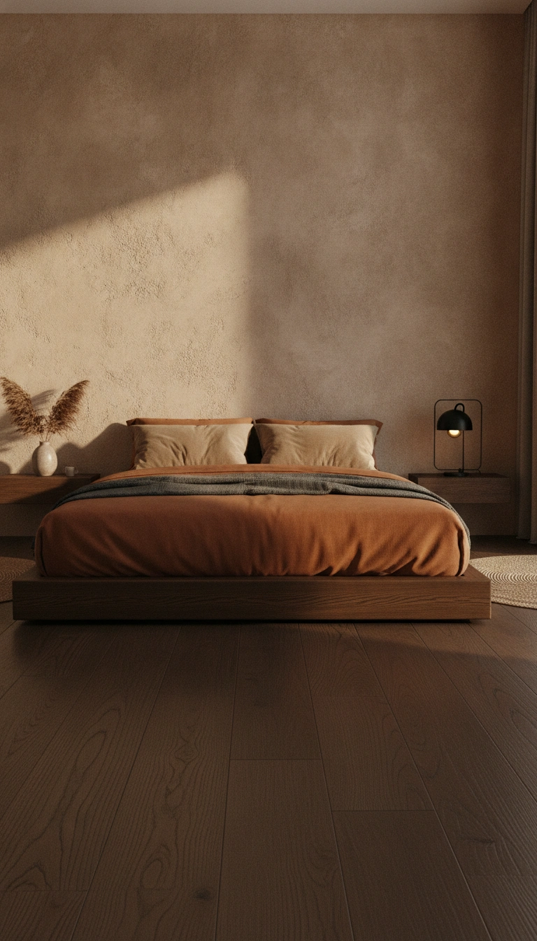 A cozy Japandi bedroom with a low-profile wooden platform bed and textured plaster walls.