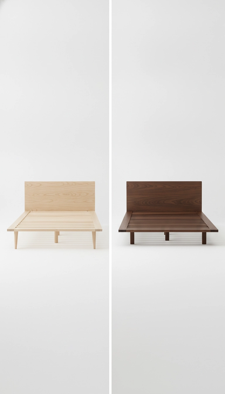Comparison of a tall-legged Scandinavian bed next to a low-profile Japandi platform bed.