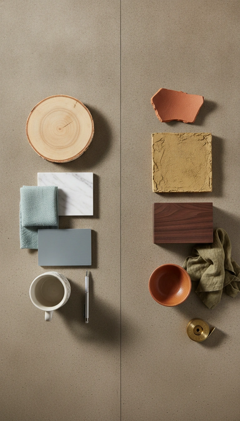 A flat lay of color swatches comparing cool Scandinavian grays with warm Japandi terracotta and olive tones.