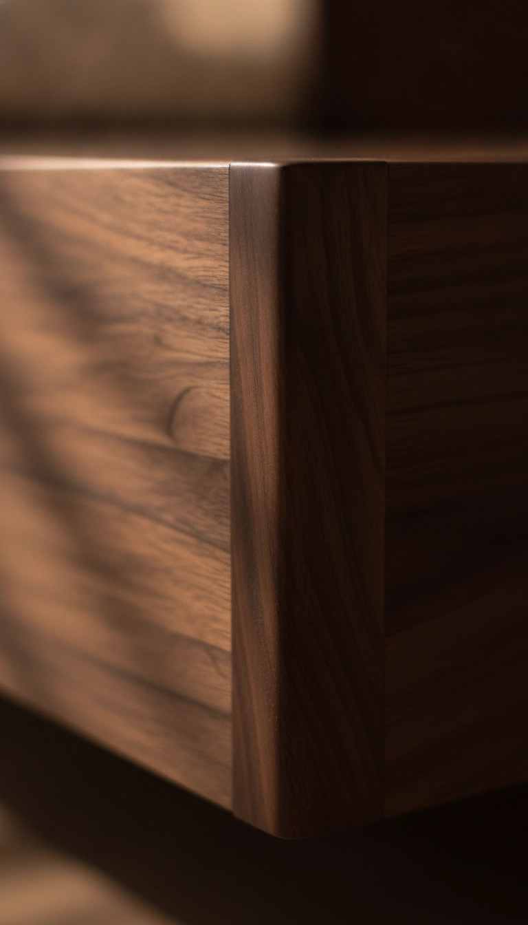 Close-up of a dark walnut wood bed frame showcasing its rich grain and low profile.