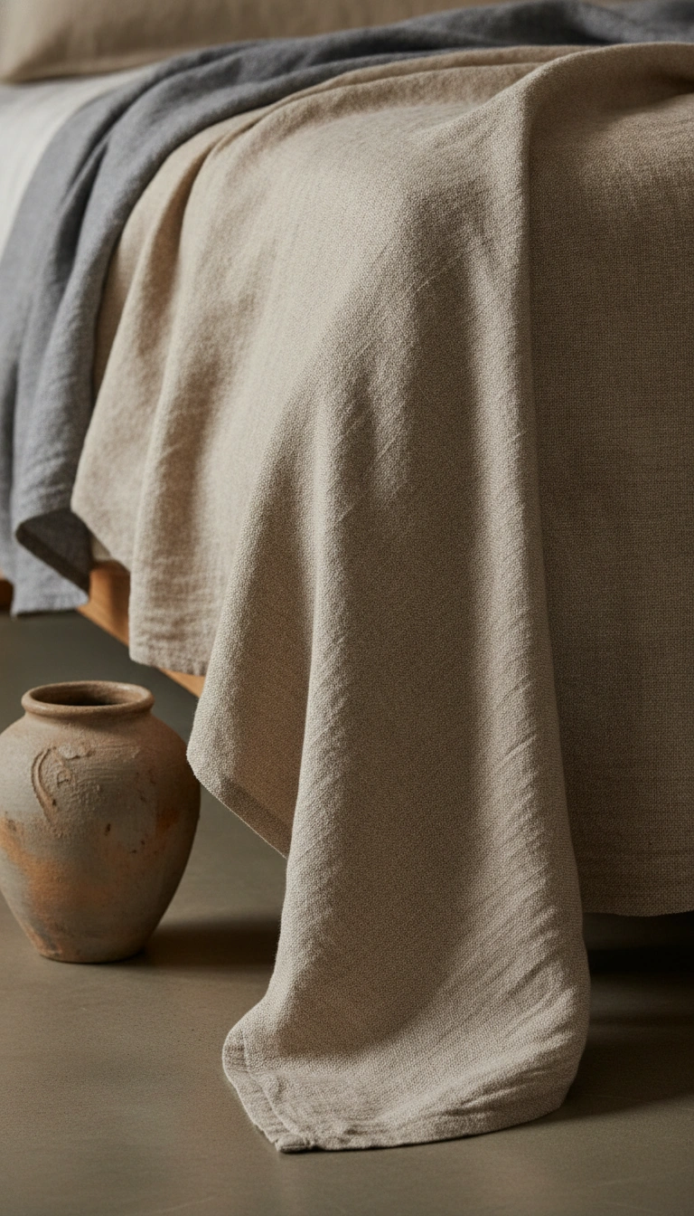 Close-up of wrinkled, slubby linen sheets next to a rustic handmade clay vase.
