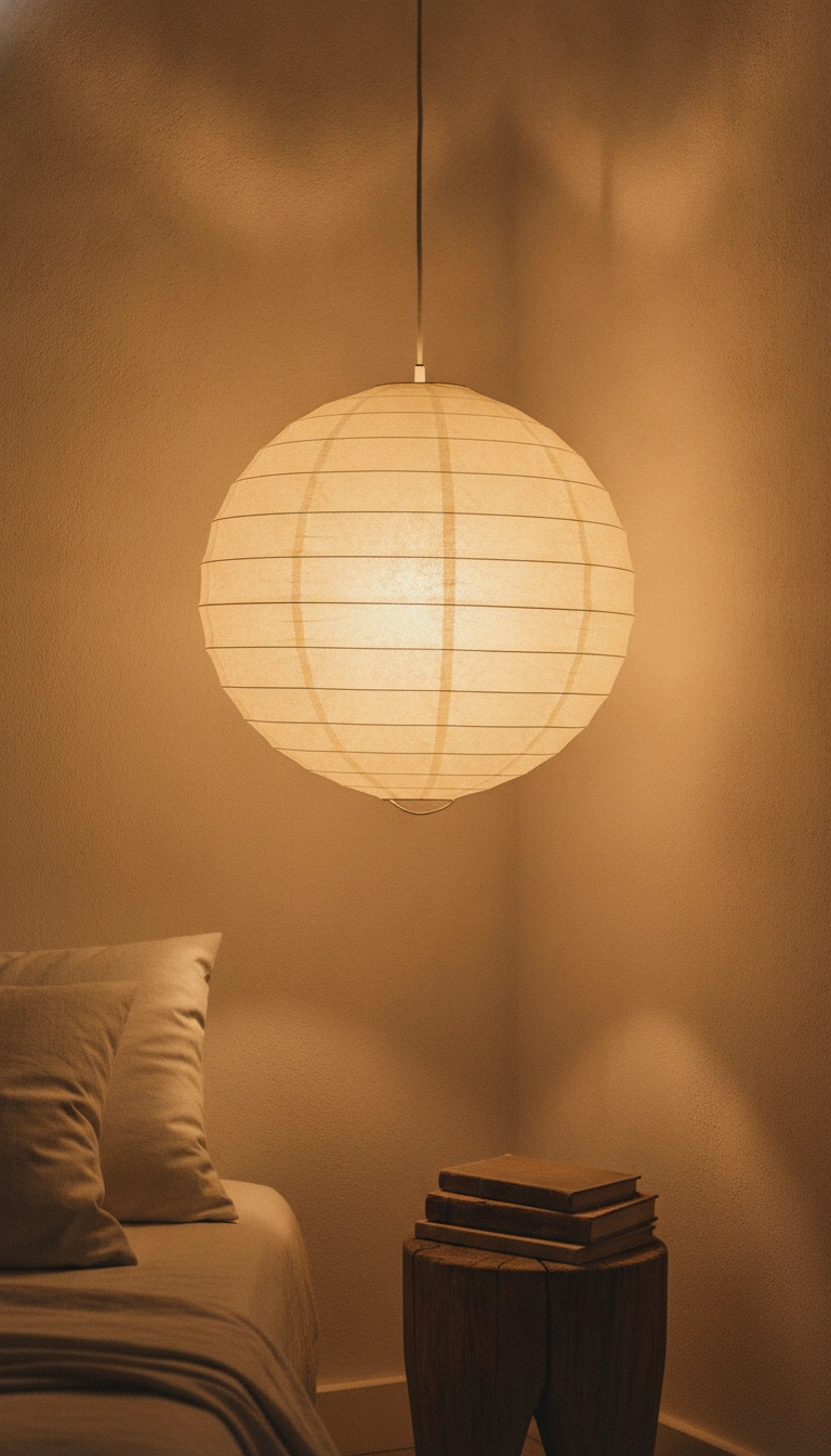 A delicate paper lantern pendant light casting a warm, soft glow over a minimalist bed.
