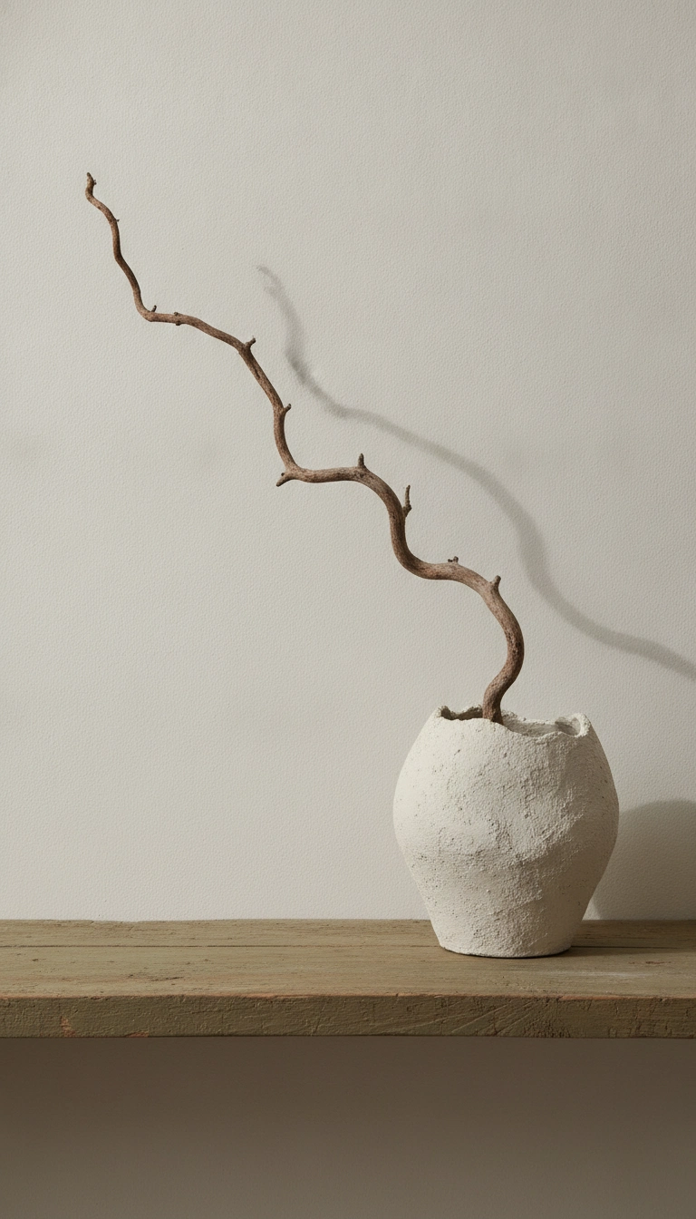 A single dried branch in an asymmetrical, handmade ceramic vase on a rustic wood shelf.