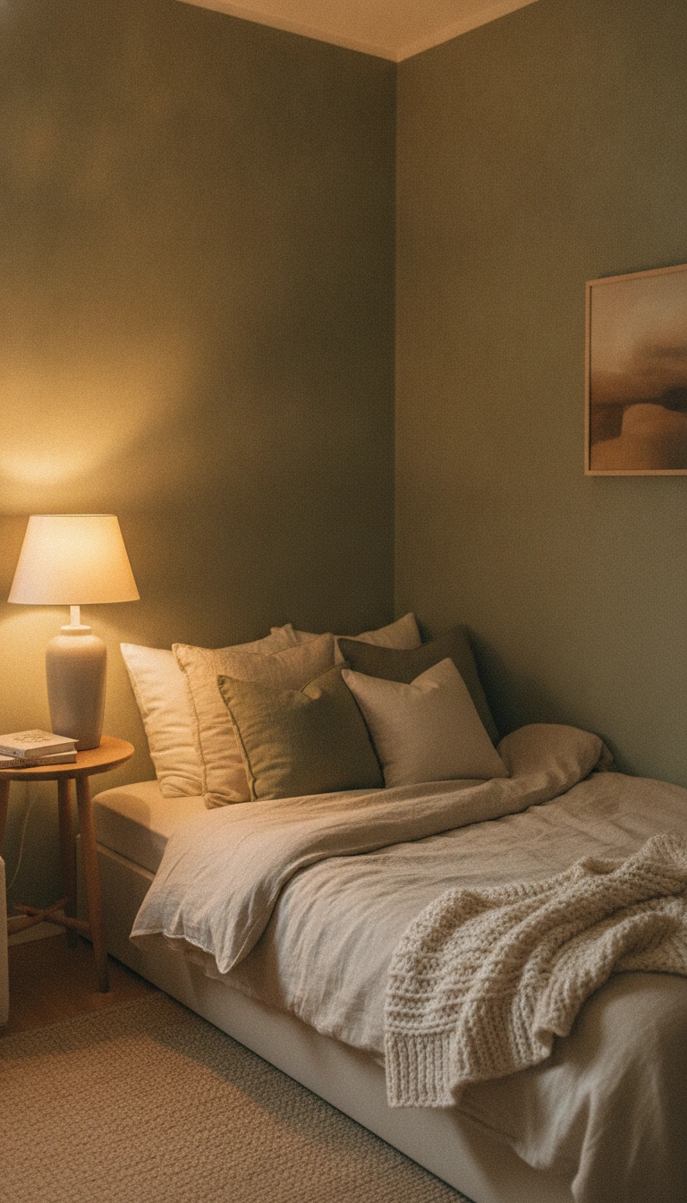 A small, cozy bedroom styled with a low-profile platform bed and warm, minimalist decor.