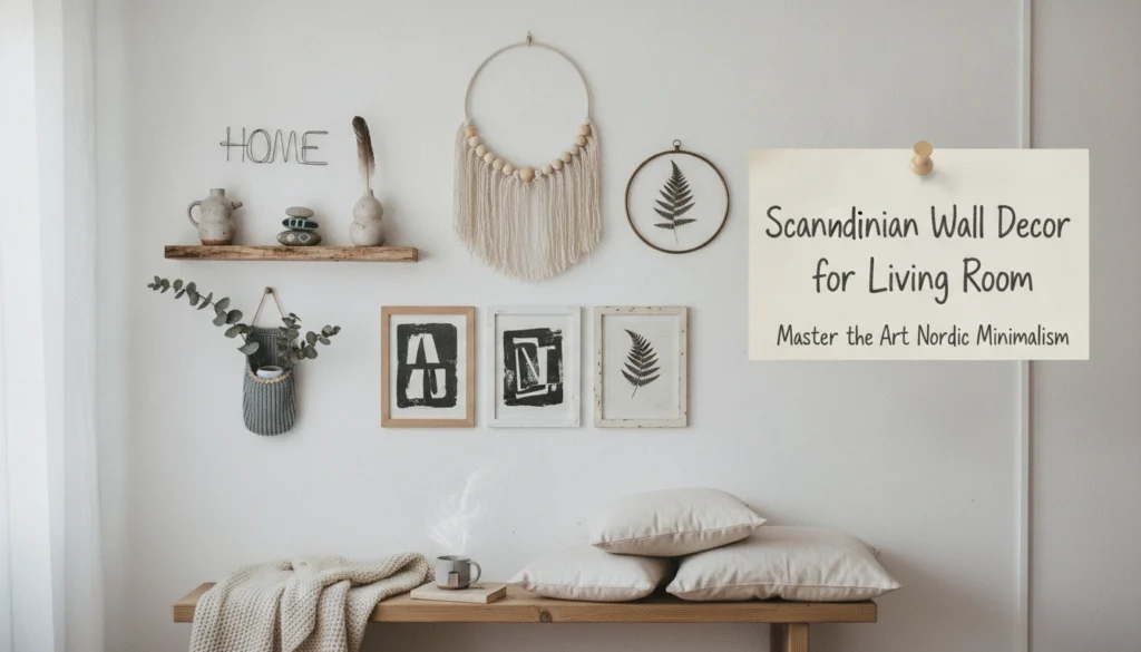 A real-life, cozy living room featuring minimalist Scandinavian Wall Decor for Living Room, with a simple oak-framed line drawing on a warm white wall.