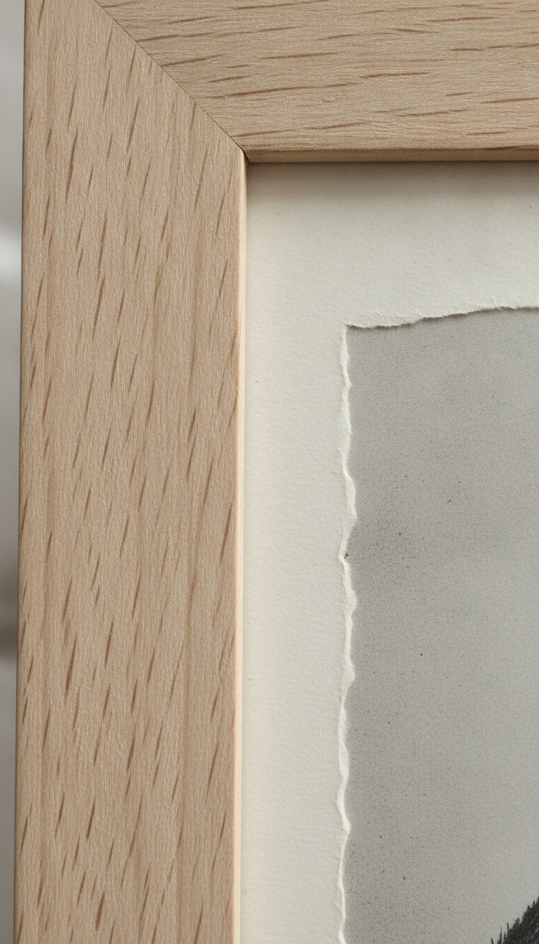 Close-up of a raw oak picture frame showing natural wood grain and a matte paper print.