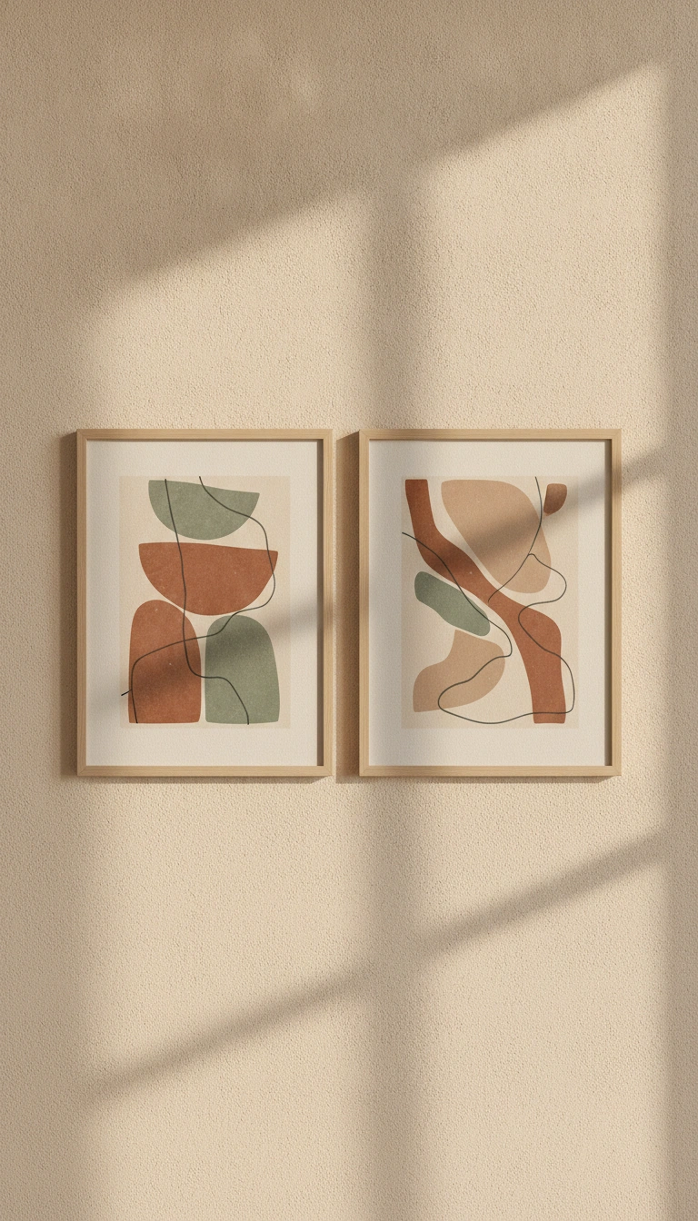 Minimalist abstract art prints in terracotta, sage green, and charcoal tones on a warm oatmeal wall.