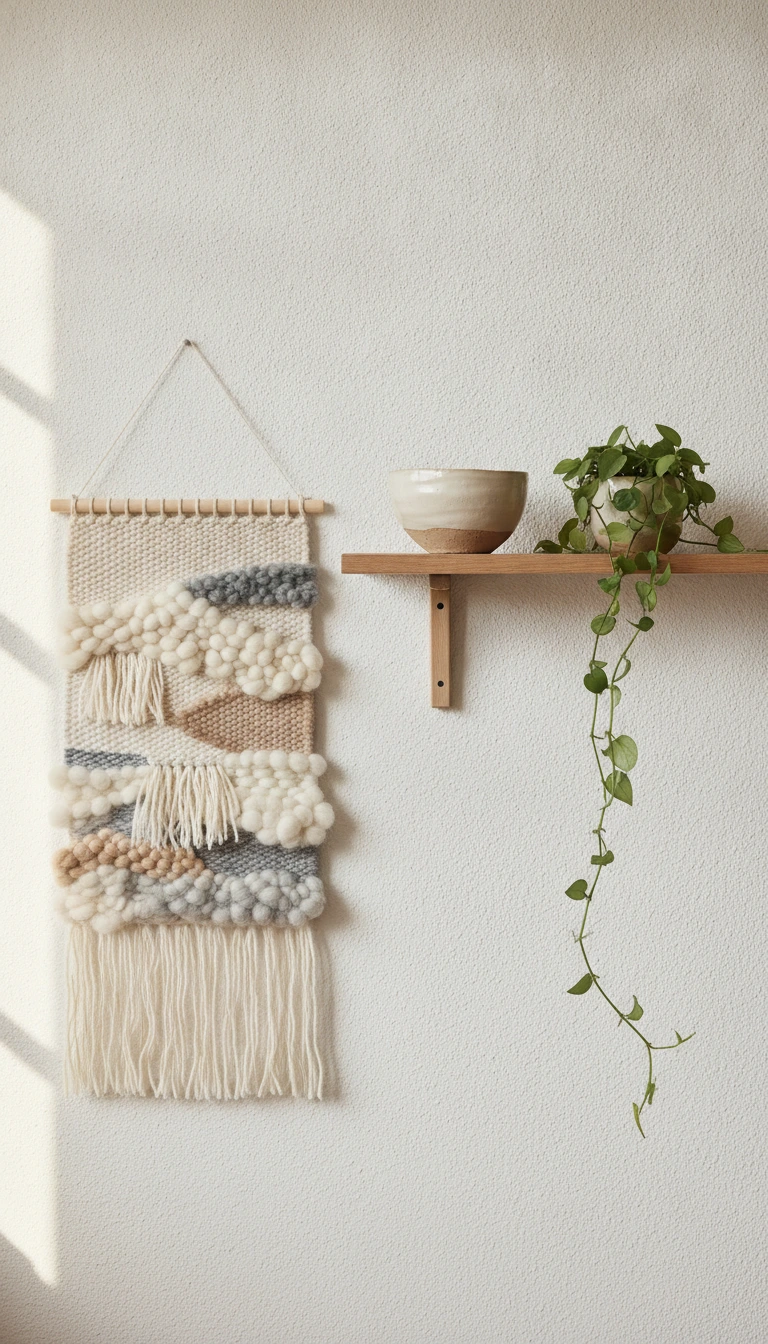 A light birch floating shelf styled with a ceramic bowl next to a soft woven wool wall hanging.