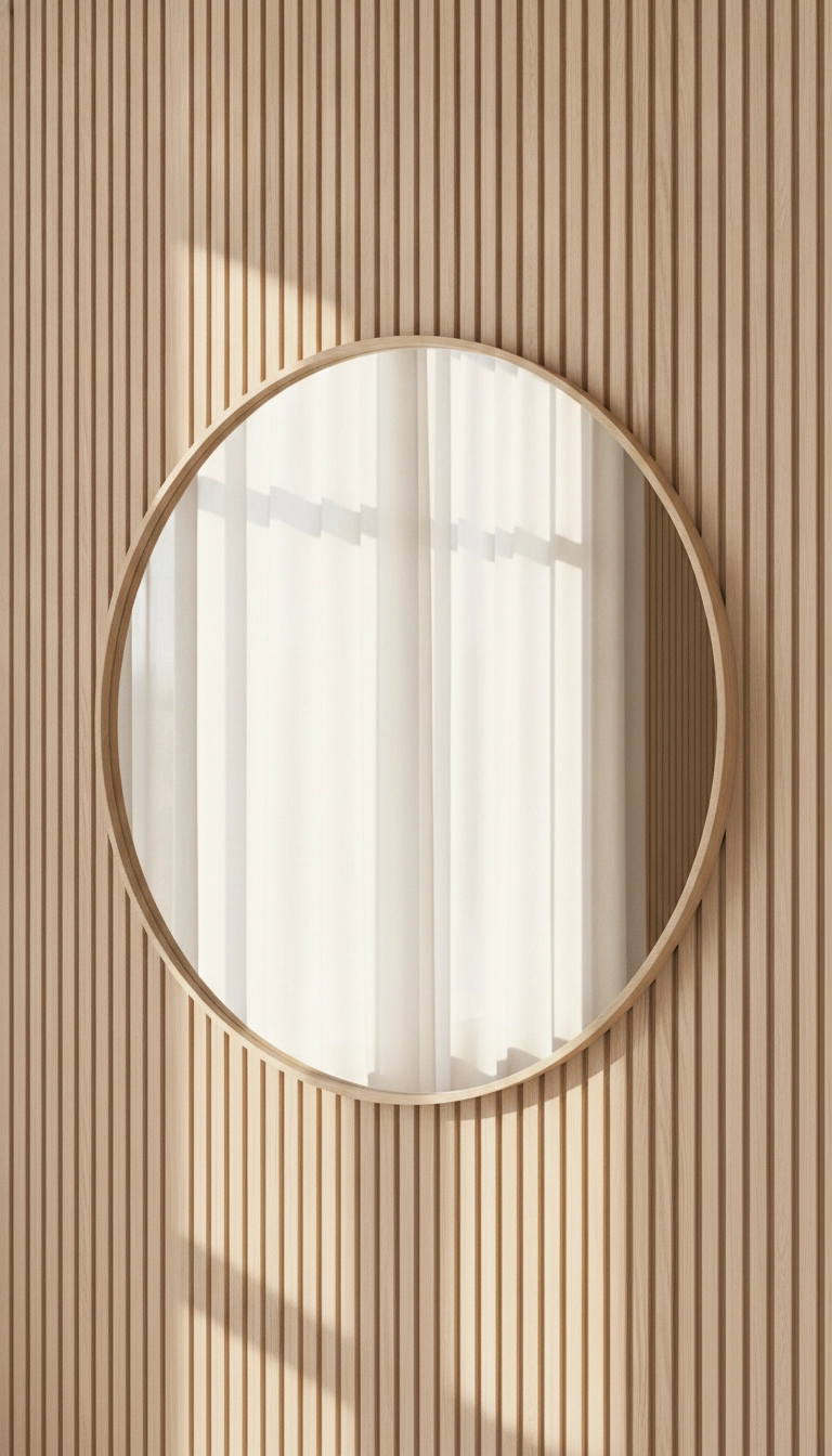 A large round mirror with a thin wooden frame mounted on a vertical oak slat accent wall.