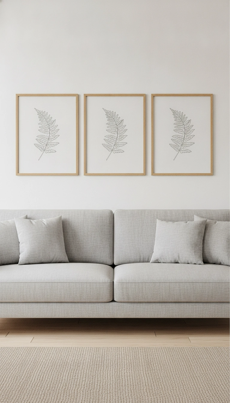 Three identical light wood frames with minimalist prints hung in a perfect horizontal row above a low gray sofa.