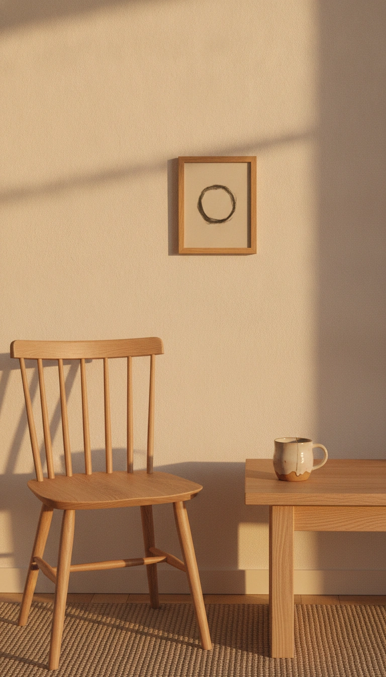A peaceful and simple Scandinavian living room corner with a wooden chair and warm, quiet decor.