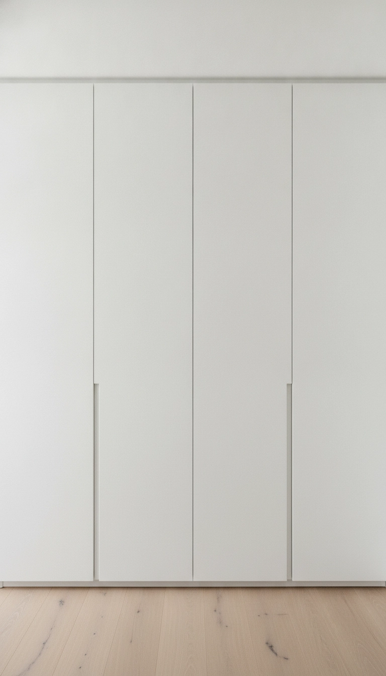 A close-up of handleless, frameless white wardrobe doors flush with a plaster wall.