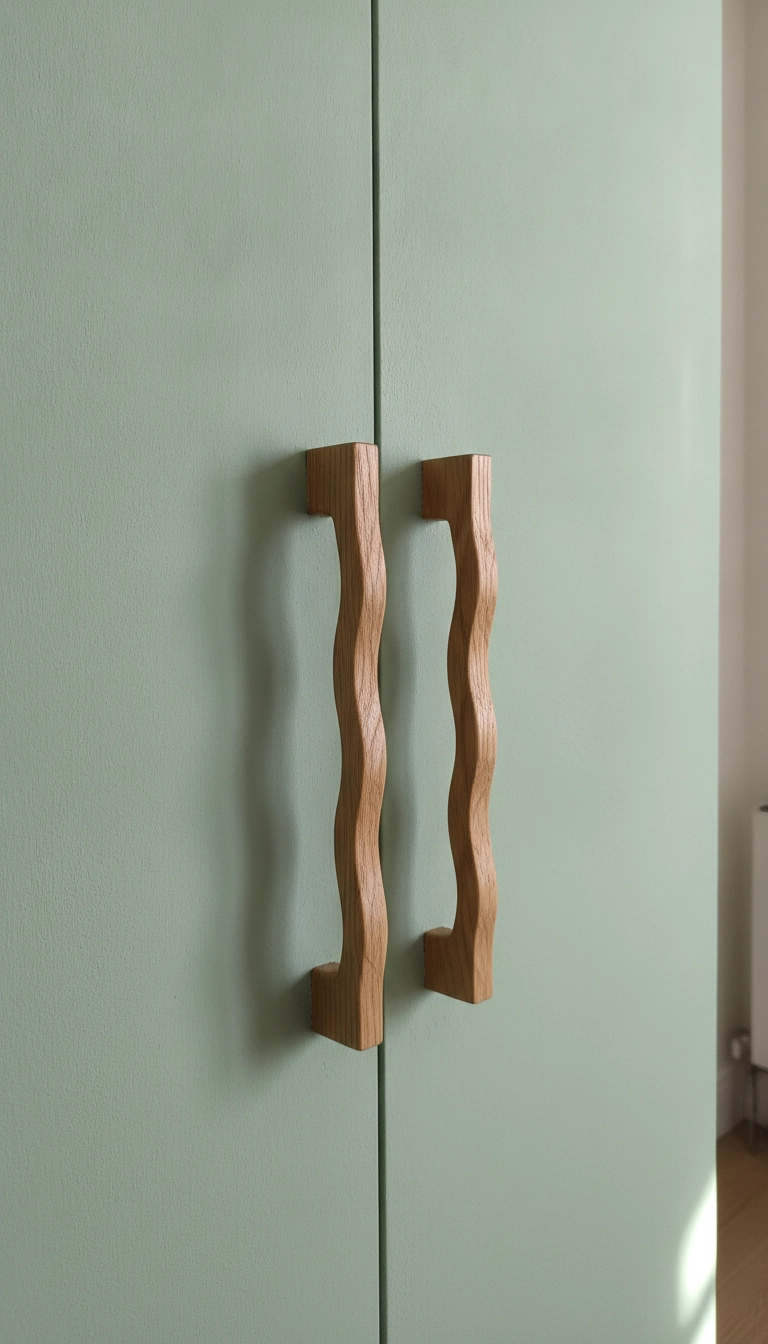 Custom birch plywood wardrobe doors painted matte sage green with handmade oak handles.