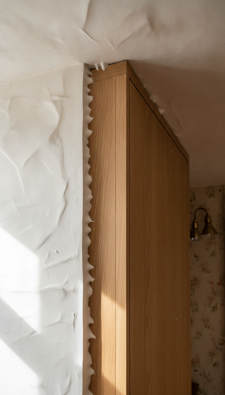 A custom-built wooden wardrobe scribed to fit seamlessly against an uneven plaster wall.