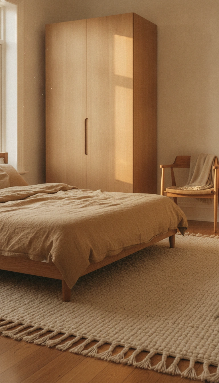 A bedroom featuring a smooth wooden wardrobe paired with textured linen sheets and a wool rug.