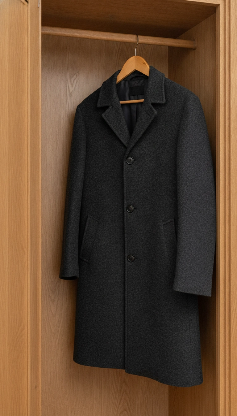 A wooden coat hanger hanging perfectly straight inside a deep wardrobe cabinet.