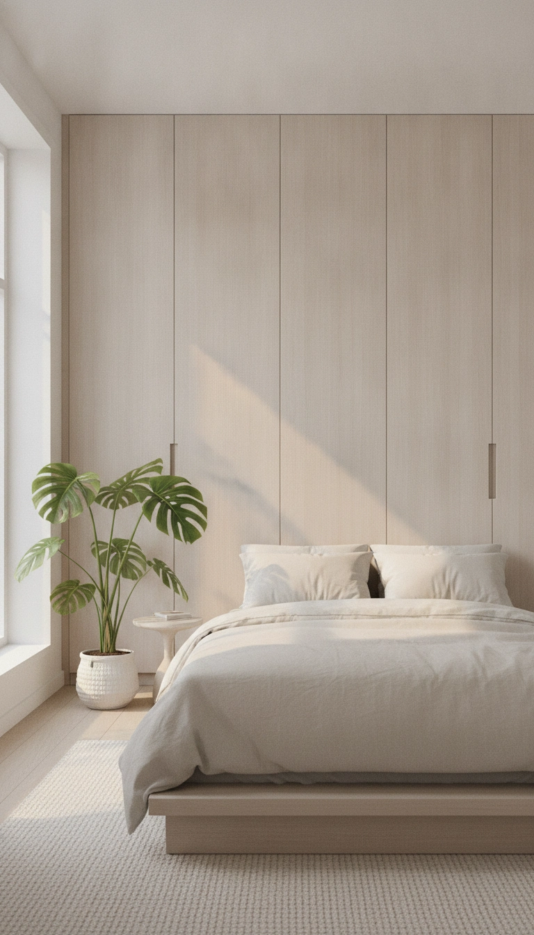 A serene completed bedroom with a perfectly integrated custom Scandinavian wardrobe.