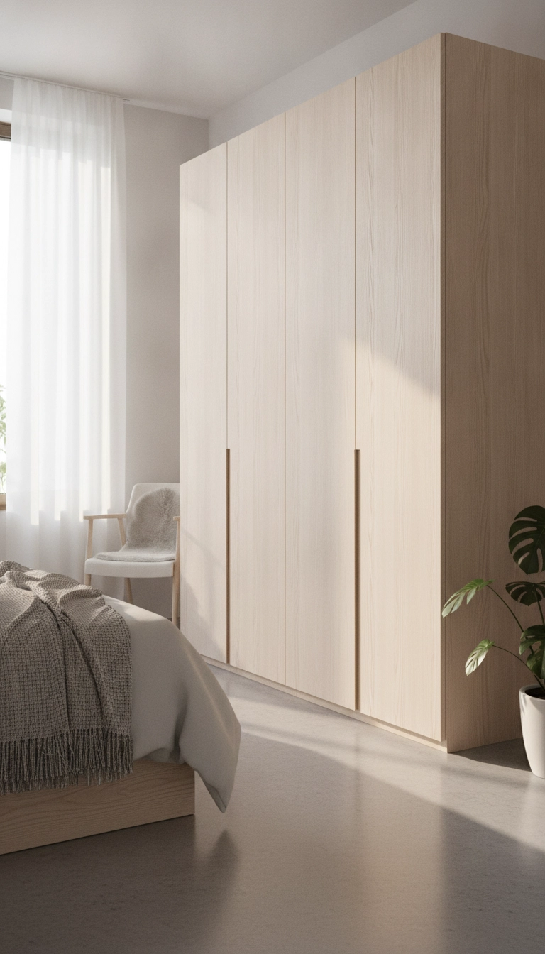 A modern wardrobe made of pale European ash wood reflecting bright morning sunlight.