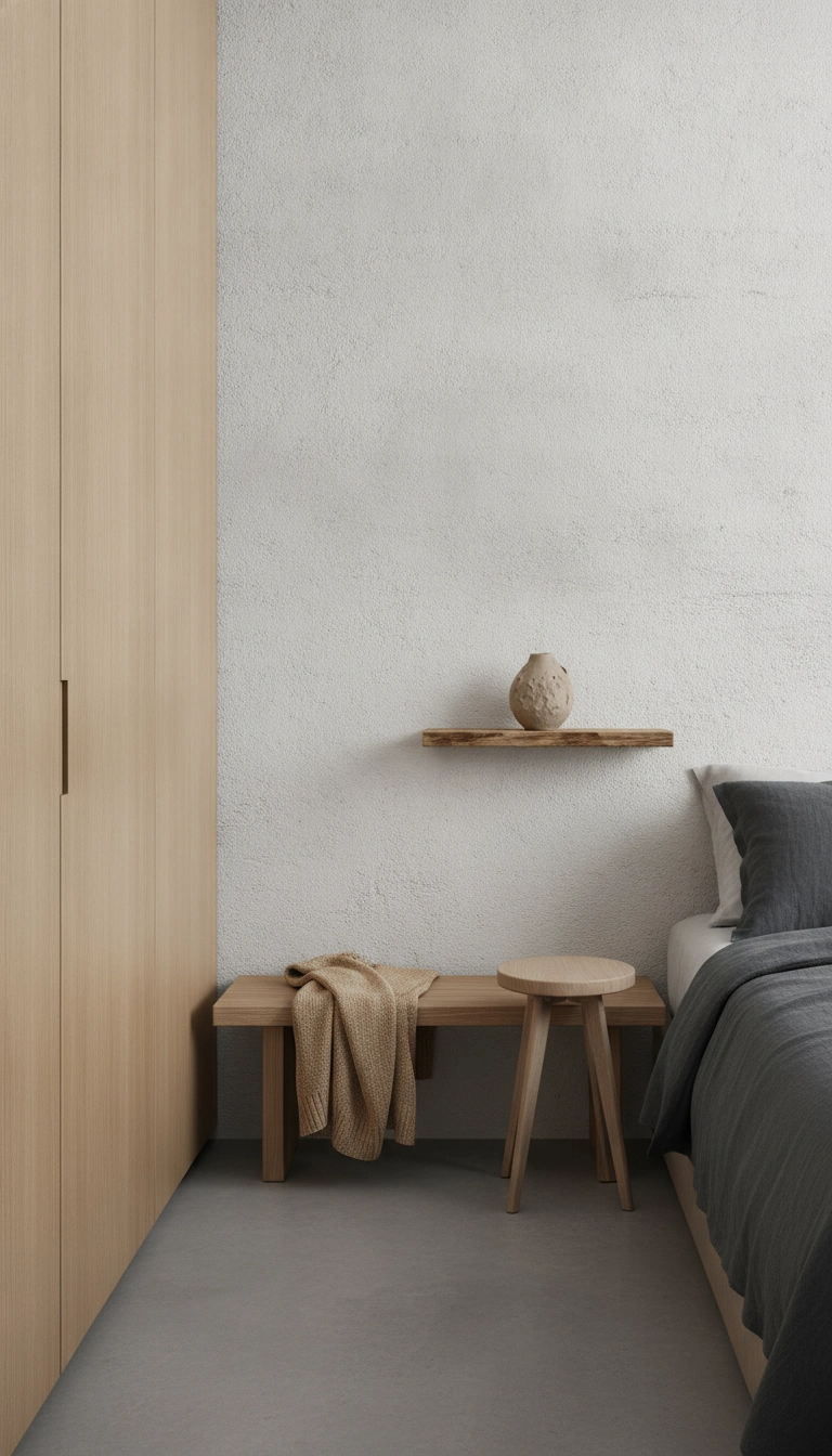 A minimalist bedroom corner featuring chalky white walls, limestone textures, and warm pine accents.