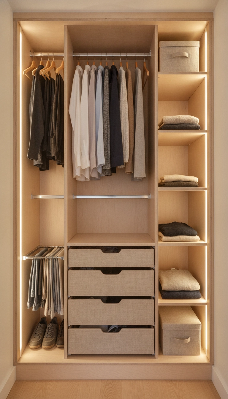 Inside view of a tall, narrow wardrobe with organized compartments, pull-out racks, and drawers.