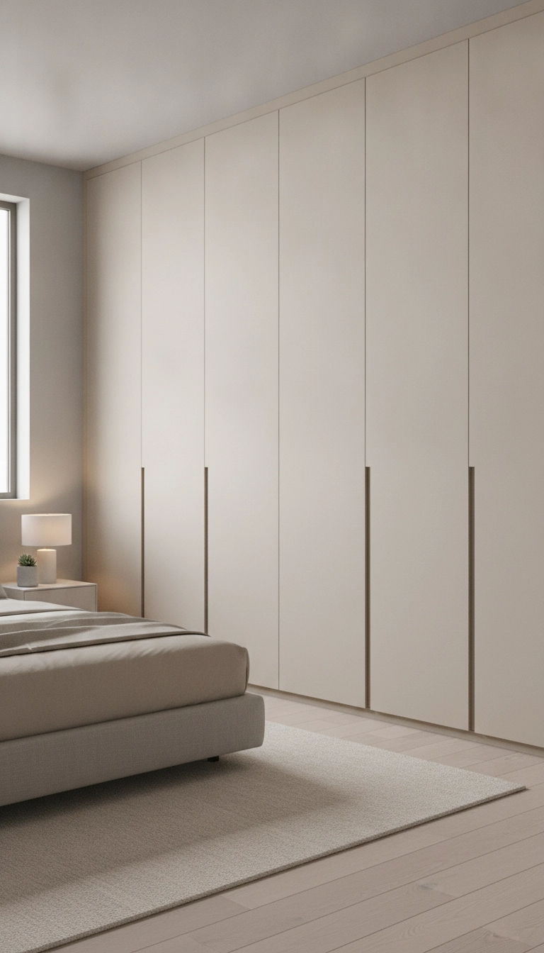 A modern bedroom with a large closed wardrobe system featuring sleek matte sand doors.