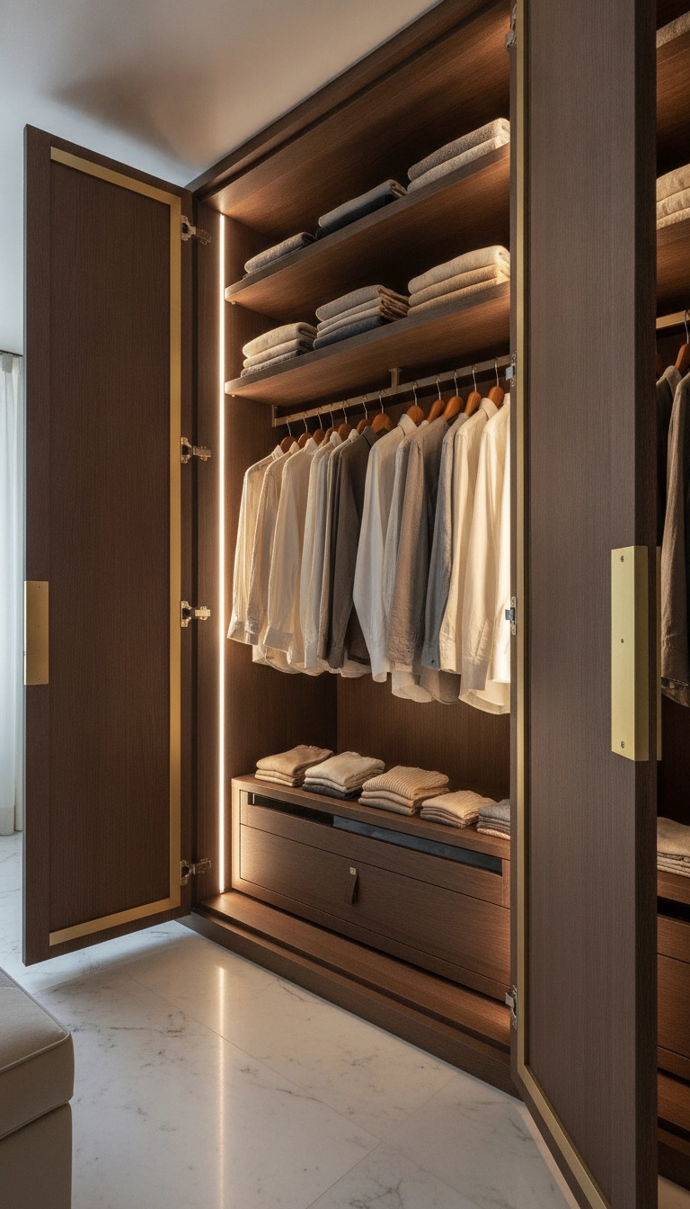 Double hinged wardrobe doors swung open to reveal a neatly organized interior.
