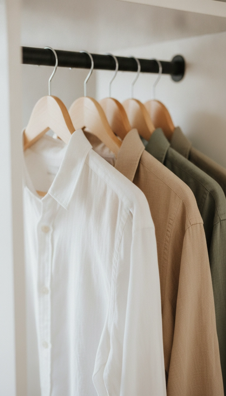 A row of identical solid birch wood hangers holding neutral linen shirts in a wardrobe.