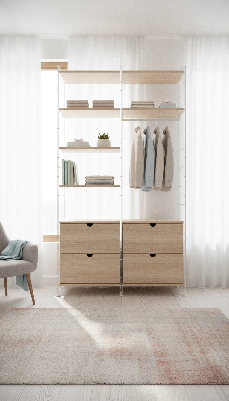 A contemporary modular wardrobe system with wire shelving and light timber frames.