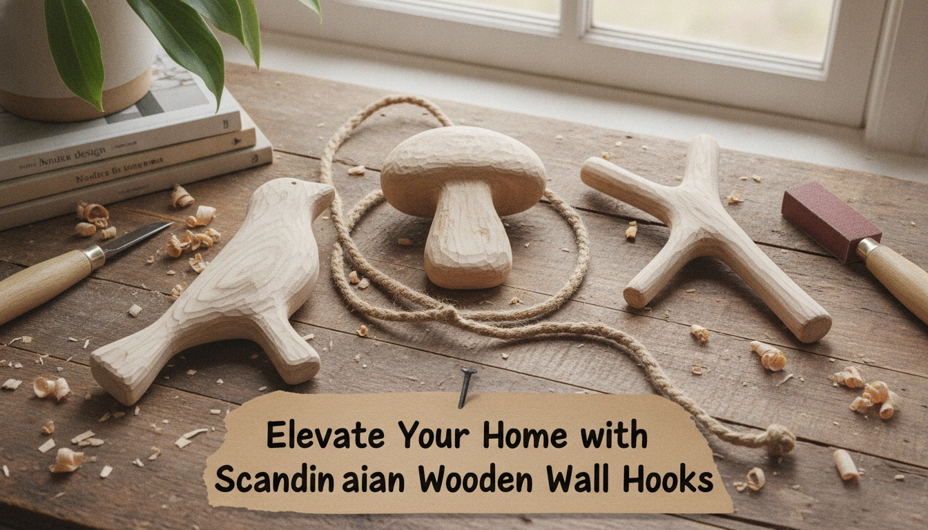 A real-life home entryway featuring three scandinavian wooden wall hooks holding a denim jacket, a canvas tote bag, and keys.
