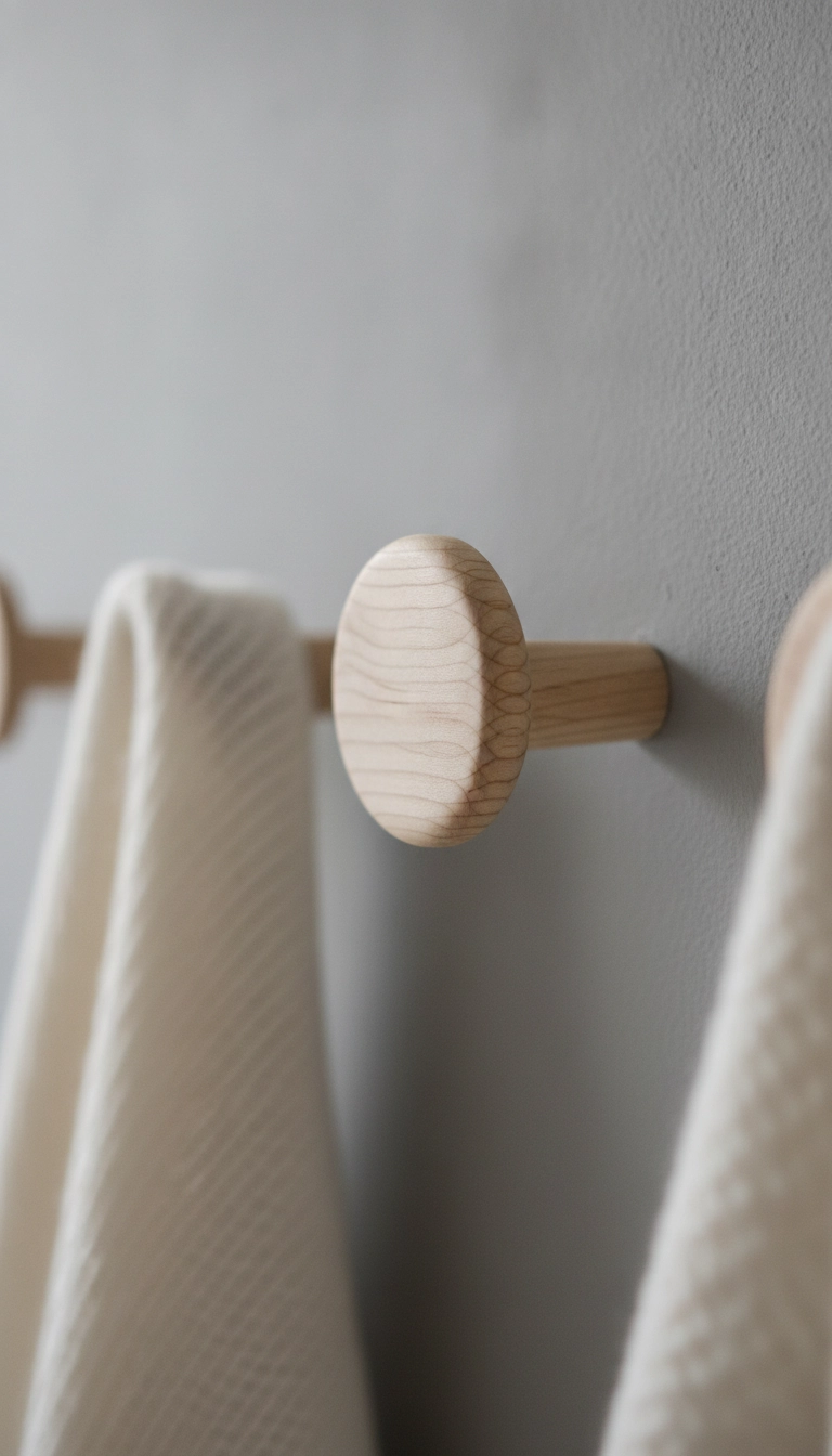 Close-up of a minimalist circular wooden wall hook showing natural wood grain.