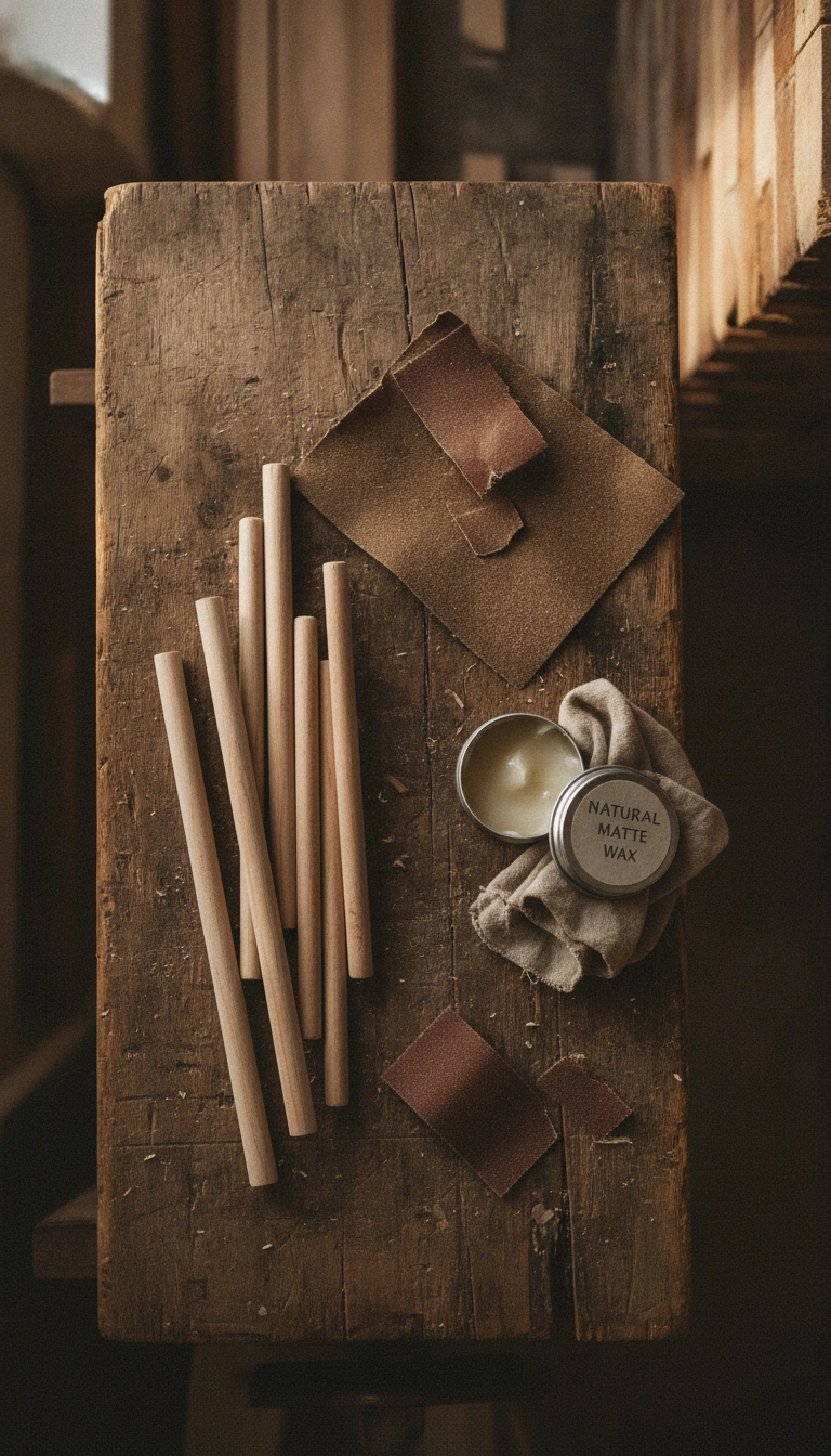 Hands sanding a simple wooden dowel hook over a rustic workbench with sandpaper.